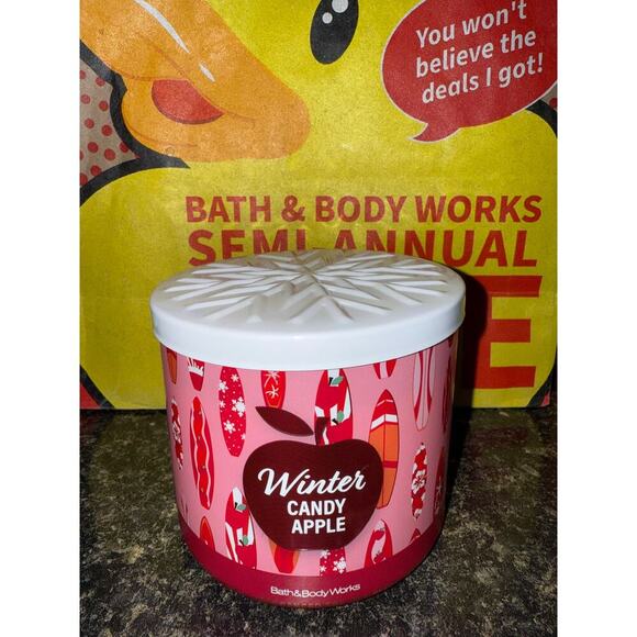 Bath & Body Works WINTER CANDY APPLE 3 Wick SANDY CLAUS Candle NEW Sold out - Picture 3 of 5